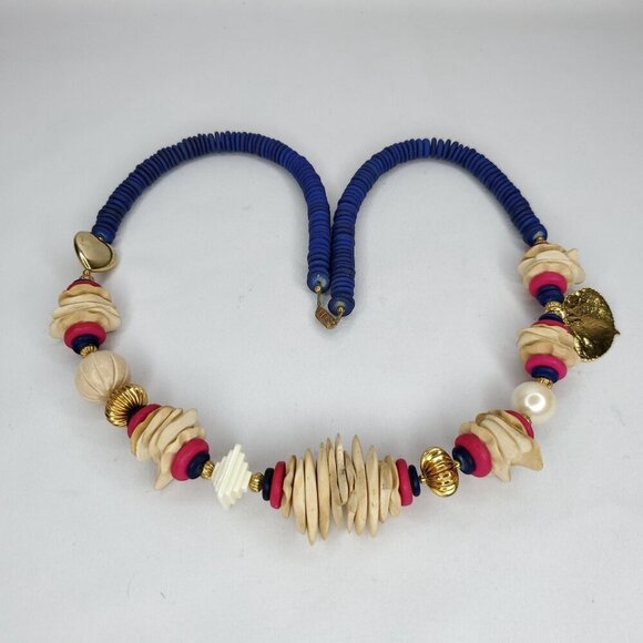 Wood Bead Necklace Blue Pink Disks Ivory Freeform Chunky Boho Tribal Jewelry 30" - Picture 2 of 4